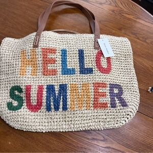 Straw Studios Natural Straw Tote with Multicolor "HELLO SUMMER" Letters